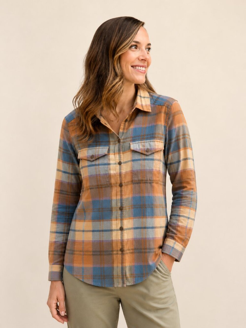 TOAD&CO Re-Form Flannel Long Sleeve Shirt Plaid Blue Brown Size Medium